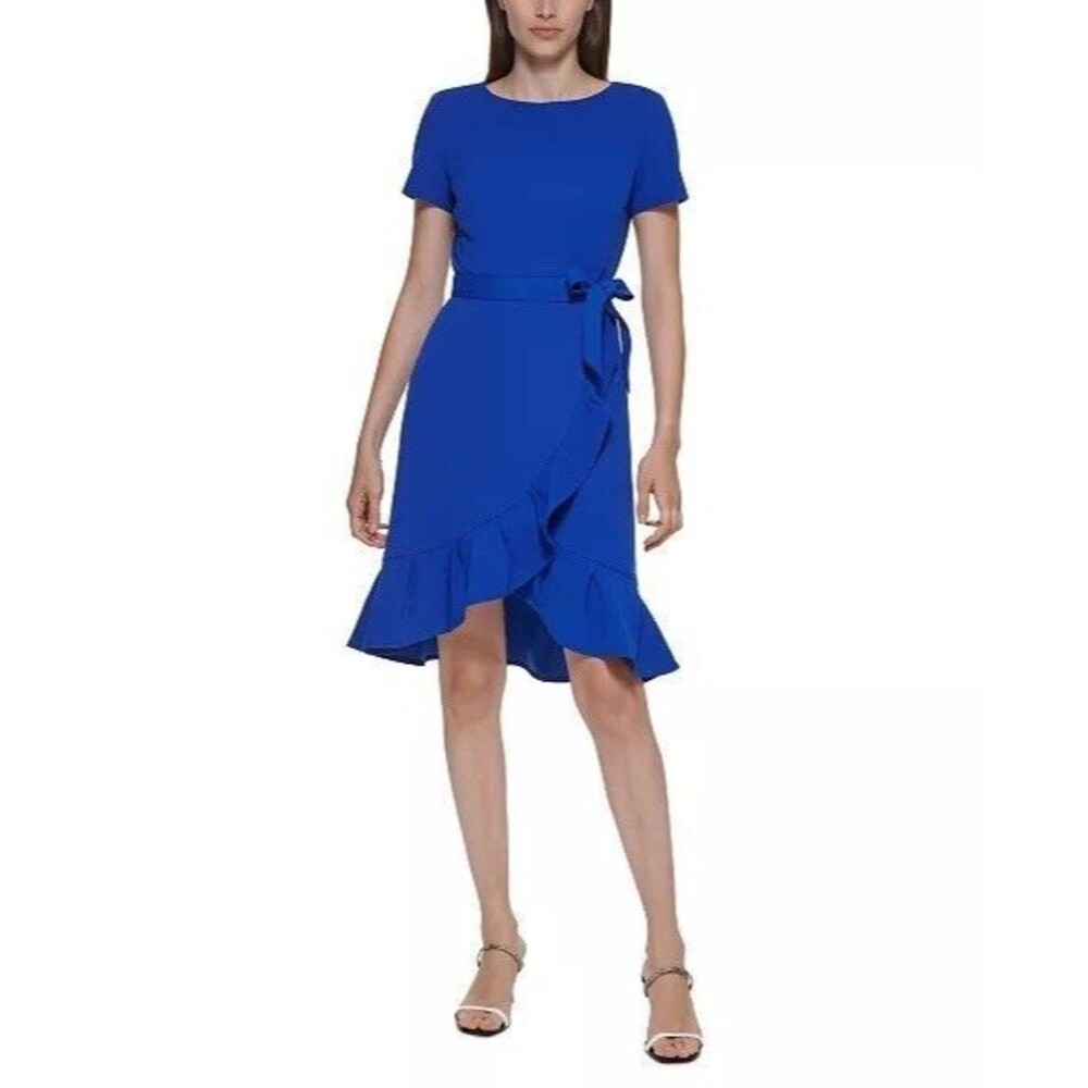Calvin Klein Ruffle-Hem Sheath Dress Size 10 Royal Blue Belt Lined